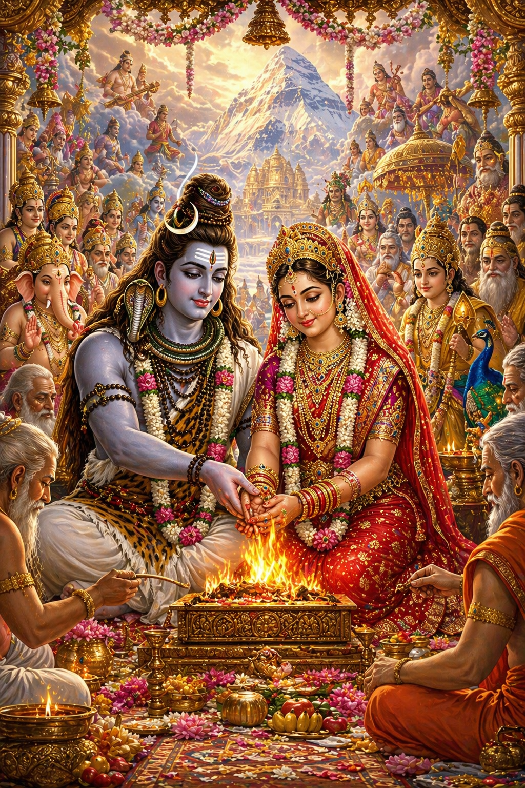 Shiva Parvati wedding Kalyanam ceremony sacred fire priest sages celestial devas golden temple architecture HD wallpaper